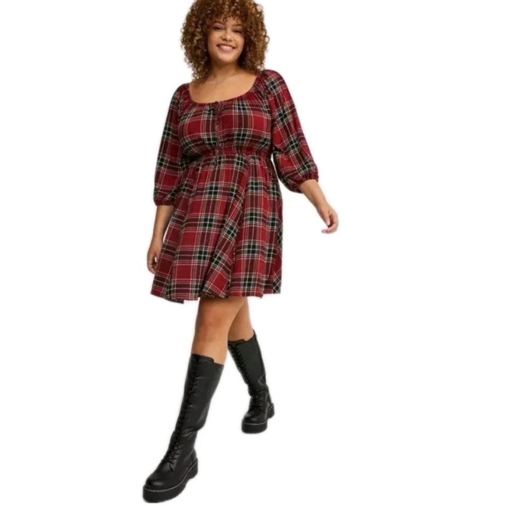 Torrid Mini Dress Woman Plus Sz 4X May Plaid Jester Red Babydoll Washable Gauze